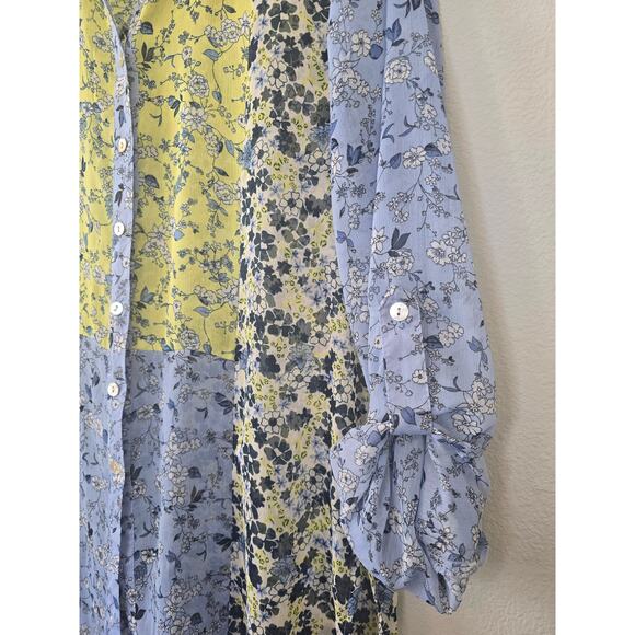 Figueroa & Flower Sheer Floral Button Down Blouse Blue Yellow Boho M Cottagecore - Picture 2 of 9